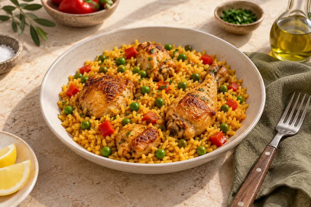 Plato de arroz con pollo, guisantes y pimiento