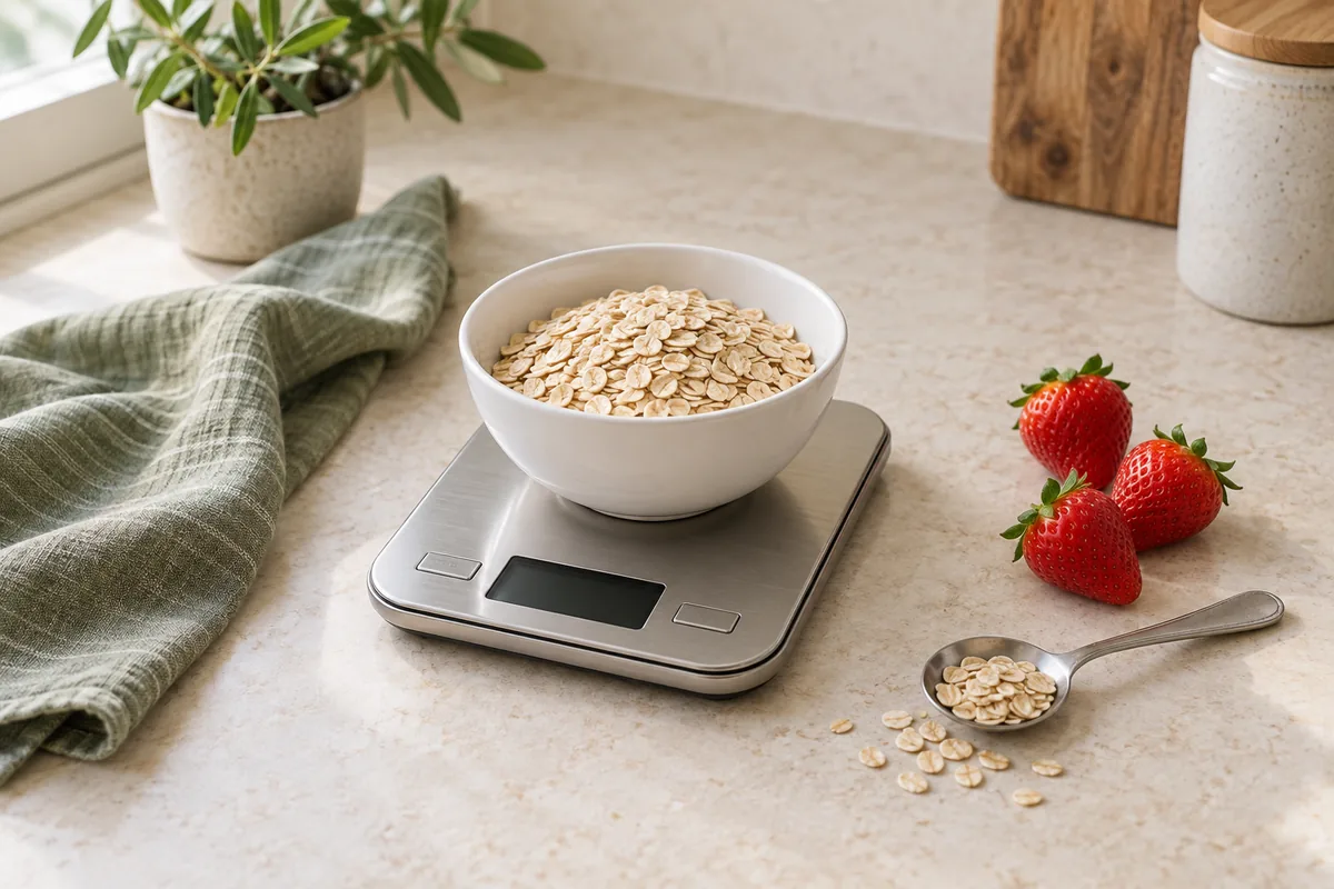 Báscula de cocina genérica con un cuenco de avena