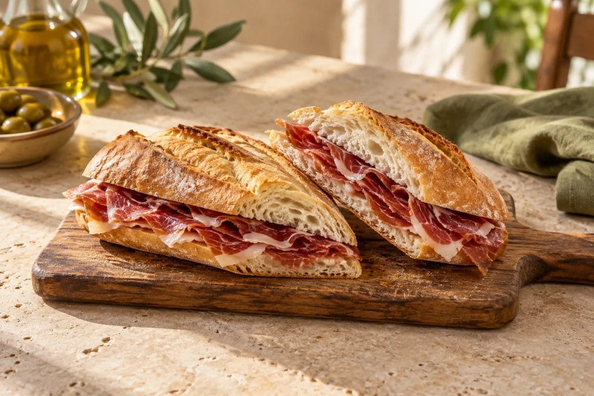 Bocadillo de jamón serrano cortado sobre una tabla