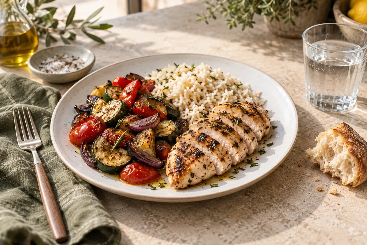 Plato de pollo, arroz y verduras con pan y agua