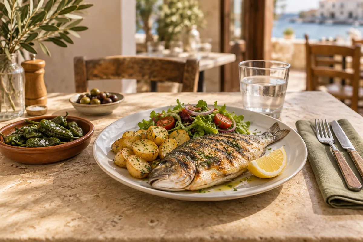 Mesa de restaurante con pescado, patatas, ensalada y agua