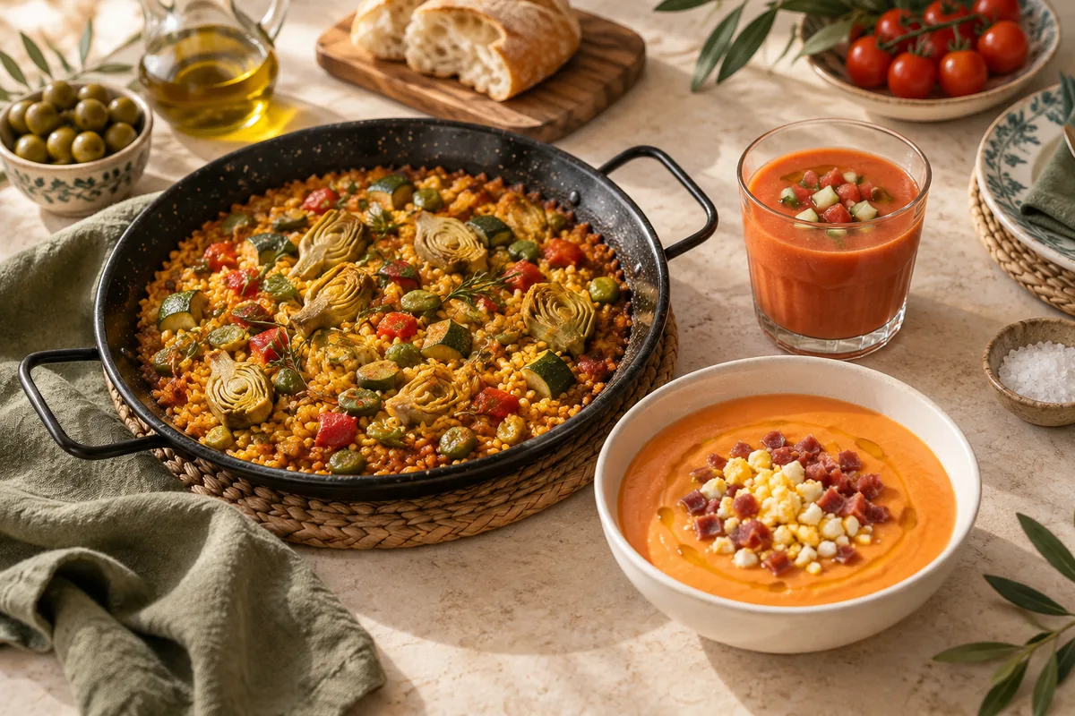 Paella, salmorejo y gazpacho sobre una mesa de cocina