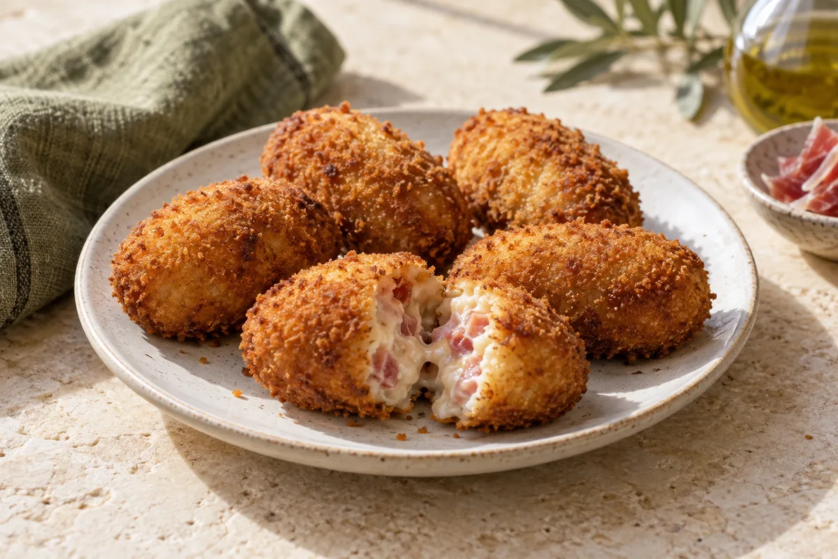 Croquetas doradas, una abierta para mostrar el relleno