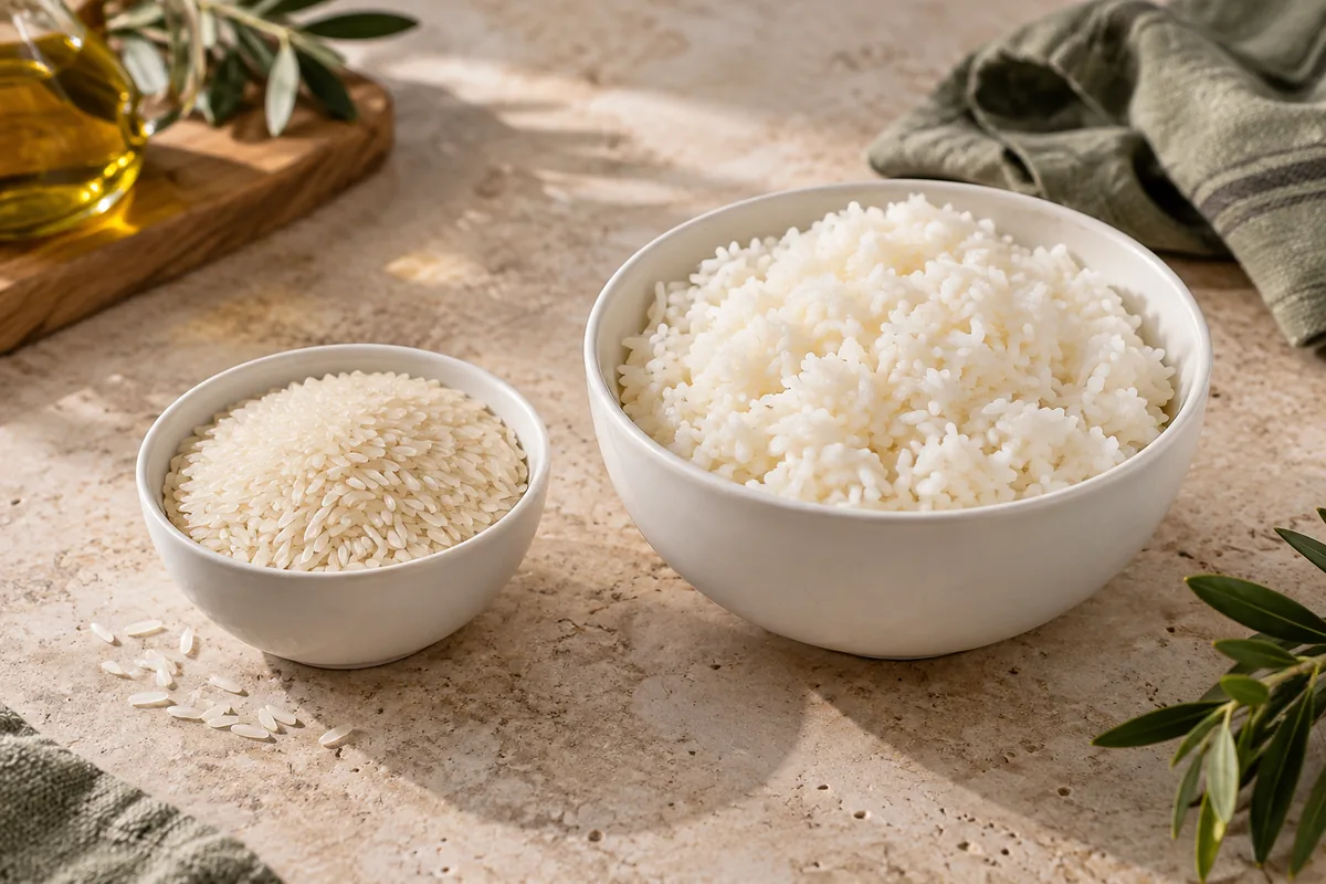 Dos cuencos con arroz seco y arroz cocido