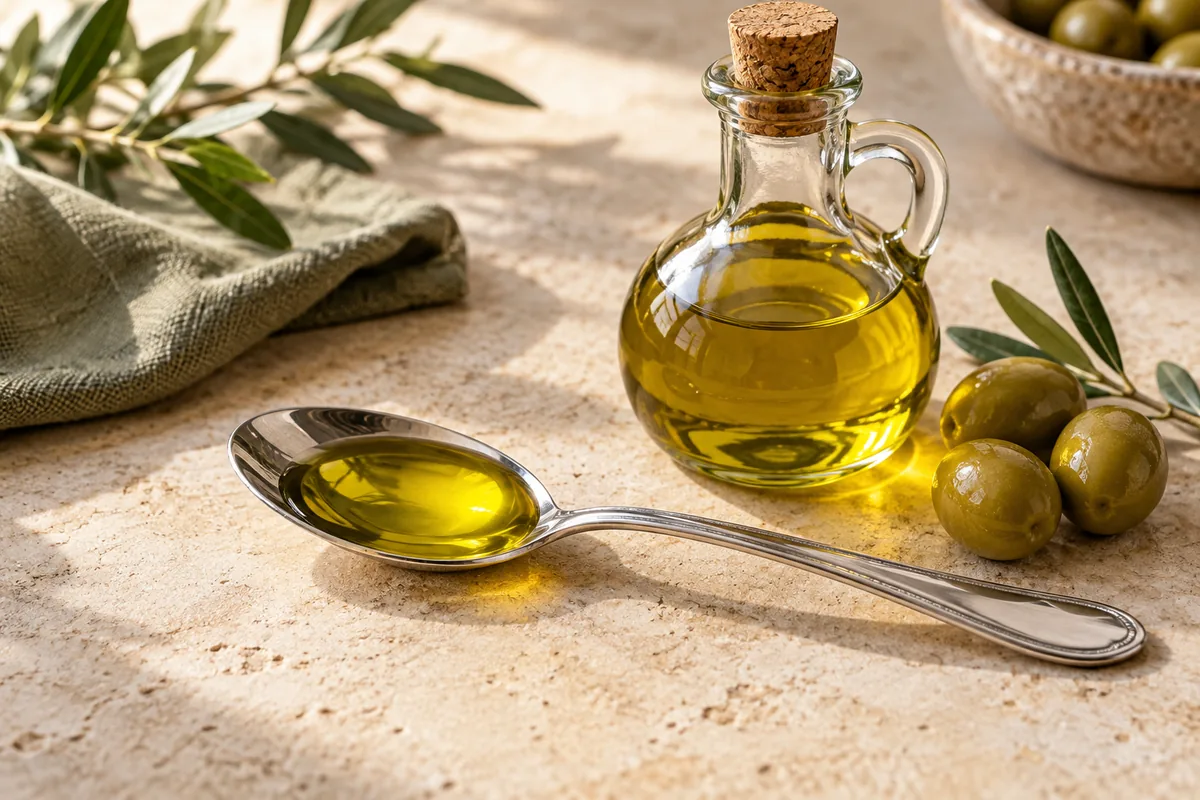 Cuchara con aceite de oliva junto a una botella y aceitunas