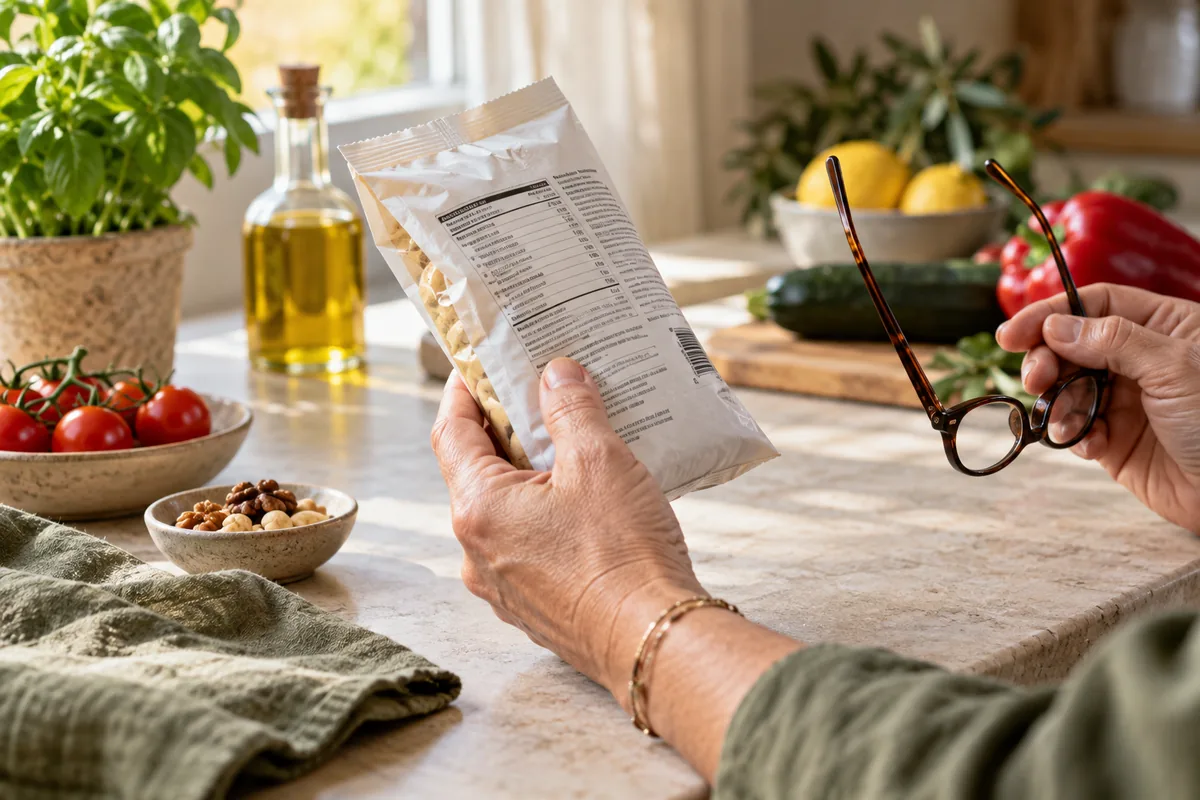 Manos sujetando un envase de comida y unas gafas para leer la etiqueta