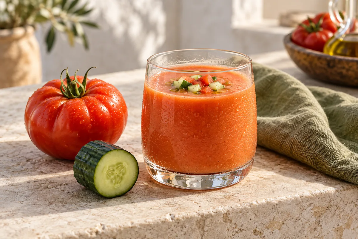 Vaso de gazpacho junto a un tomate y un pepino