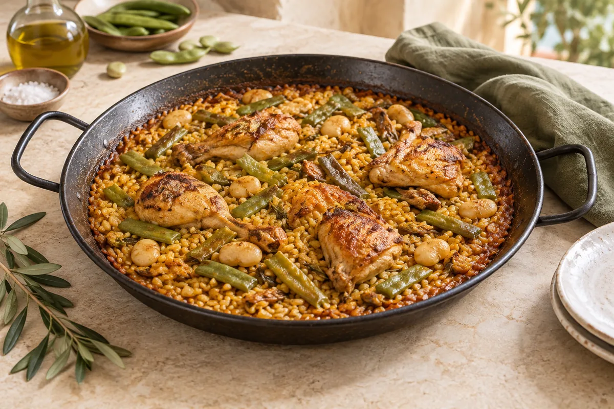 Paella de pollo con judías verdes en una paellera negra