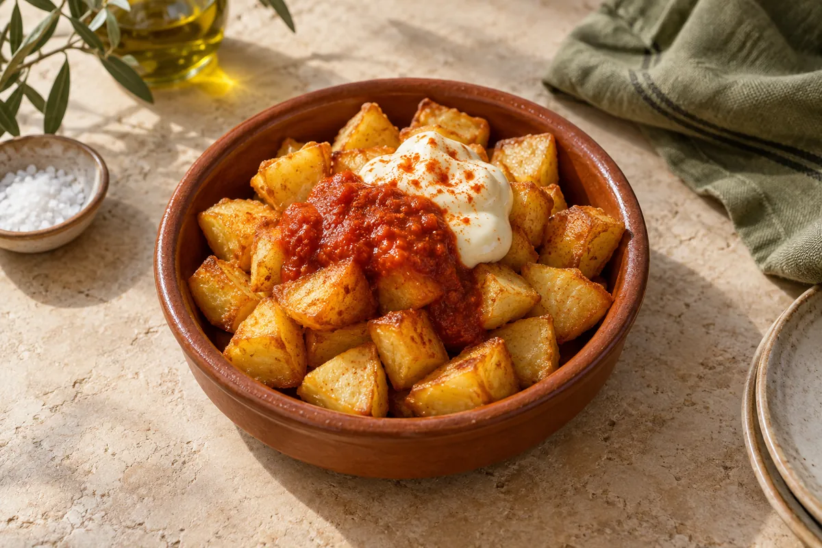 Patatas bravas en una cazuela de barro con salsa y alioli