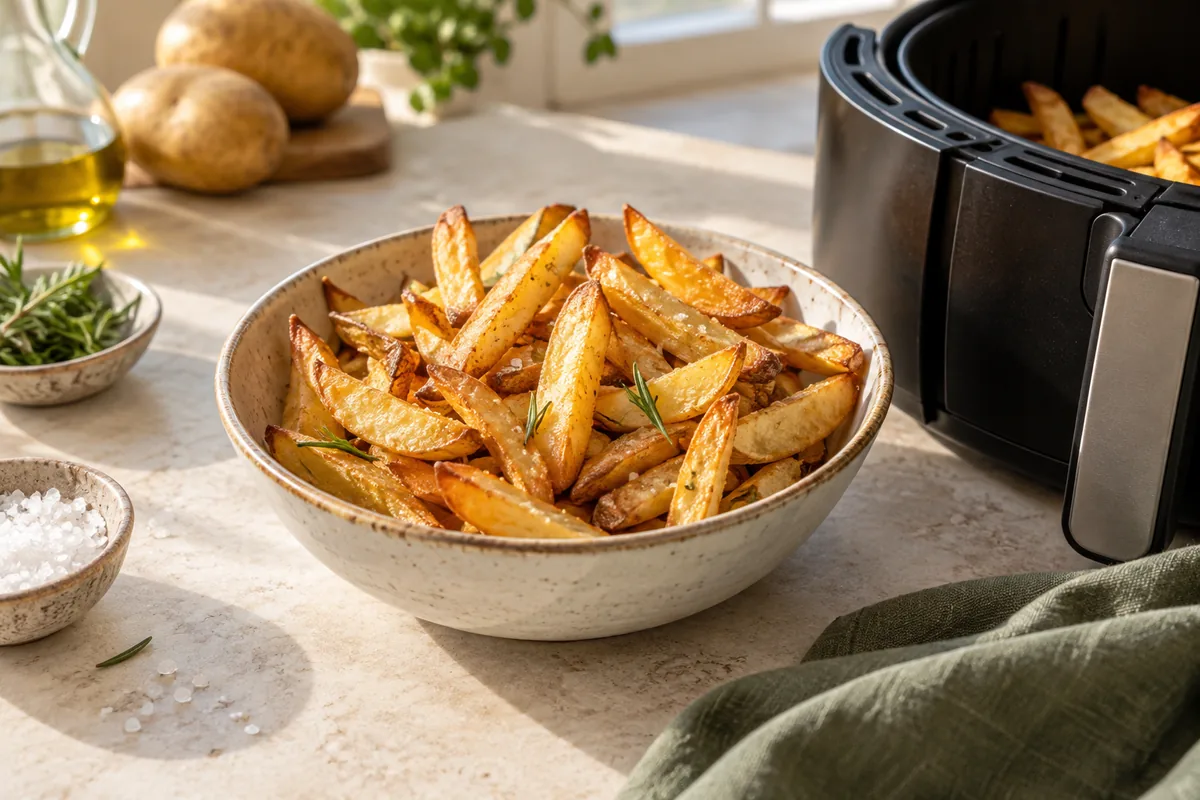 Patatas doradas junto a la cesta de una freidora de aire
