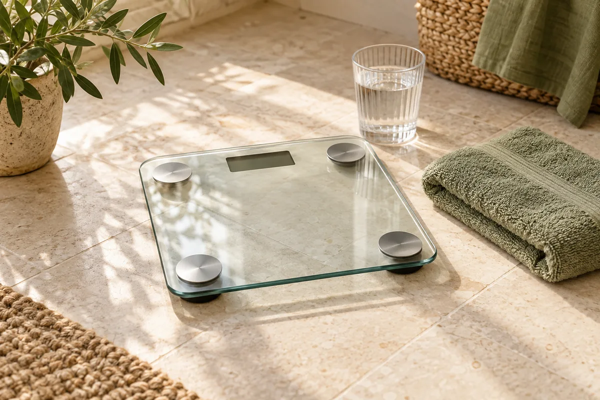 Báscula de baño junto a una toalla y un vaso de agua