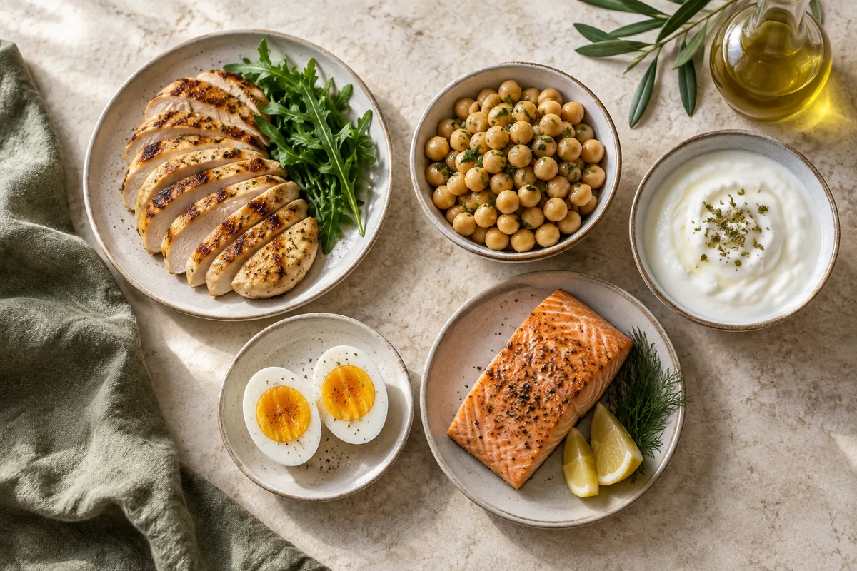 Pollo, huevo cocido, garbanzos, yogur y salmón en pequeños platos