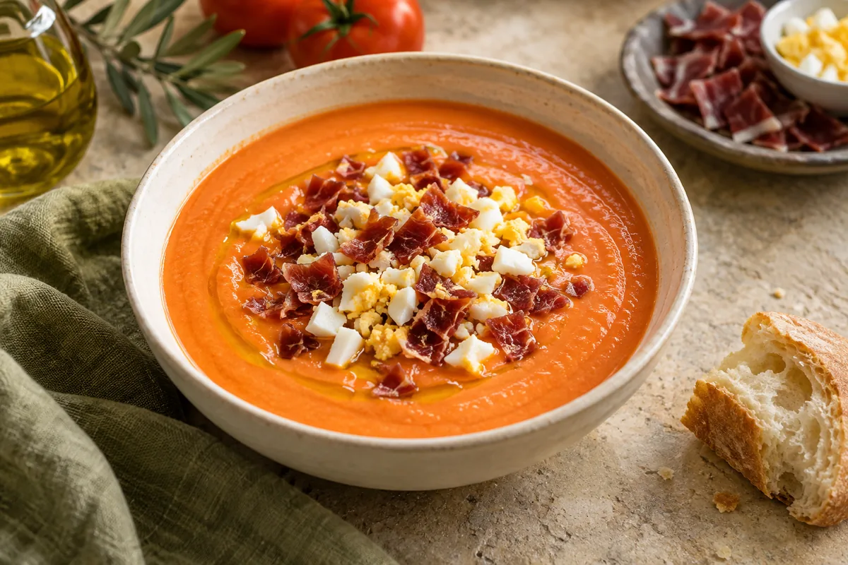 Cuenco de salmorejo con huevo cocido y jamón