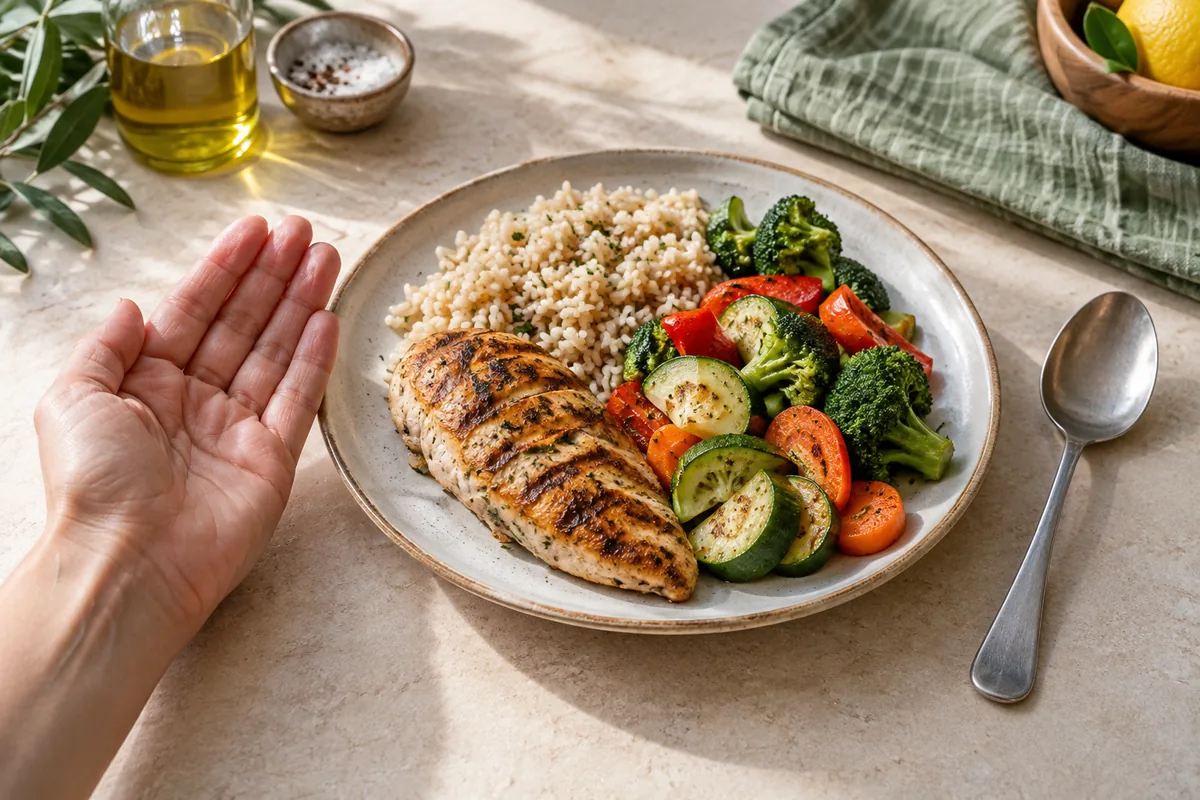 Una mano junto a un plato de pollo, arroz y verduras como referencia de tamaño