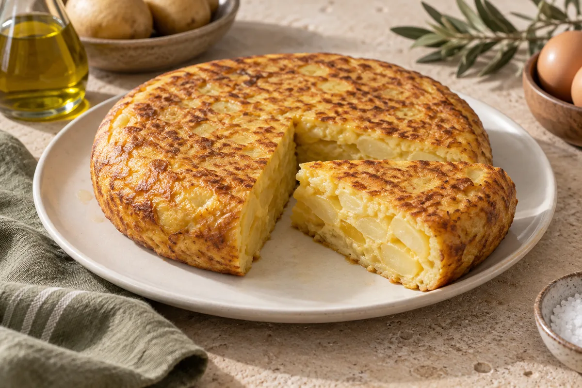 Tortilla de patatas con una porción cortada que muestra su interior