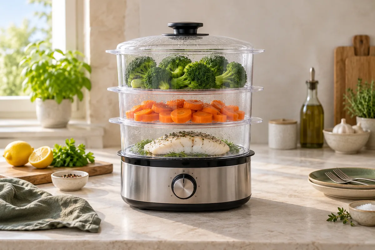 Vaporera genérica de tres niveles con verduras y pescado
