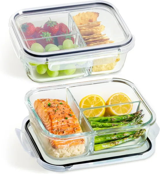 Praknu Meal Prep cristal con 3 compartimentos (juego de 2)