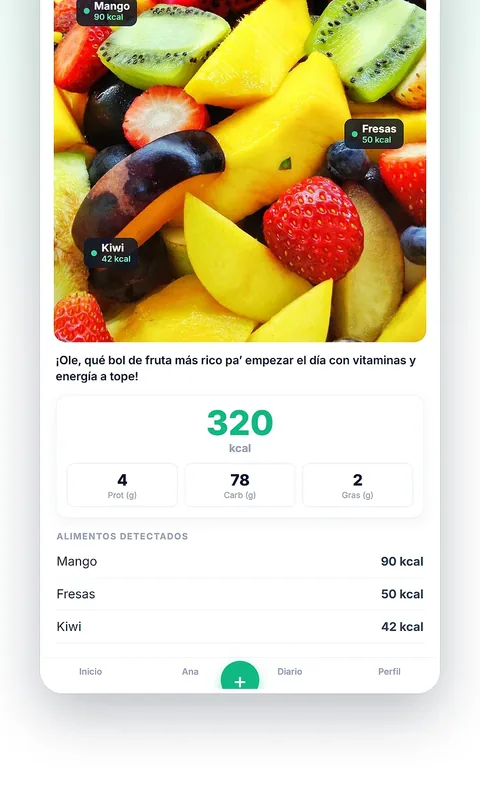 La app analizando un bol de fruta: 320 kcal estimadas con su desglose de macros